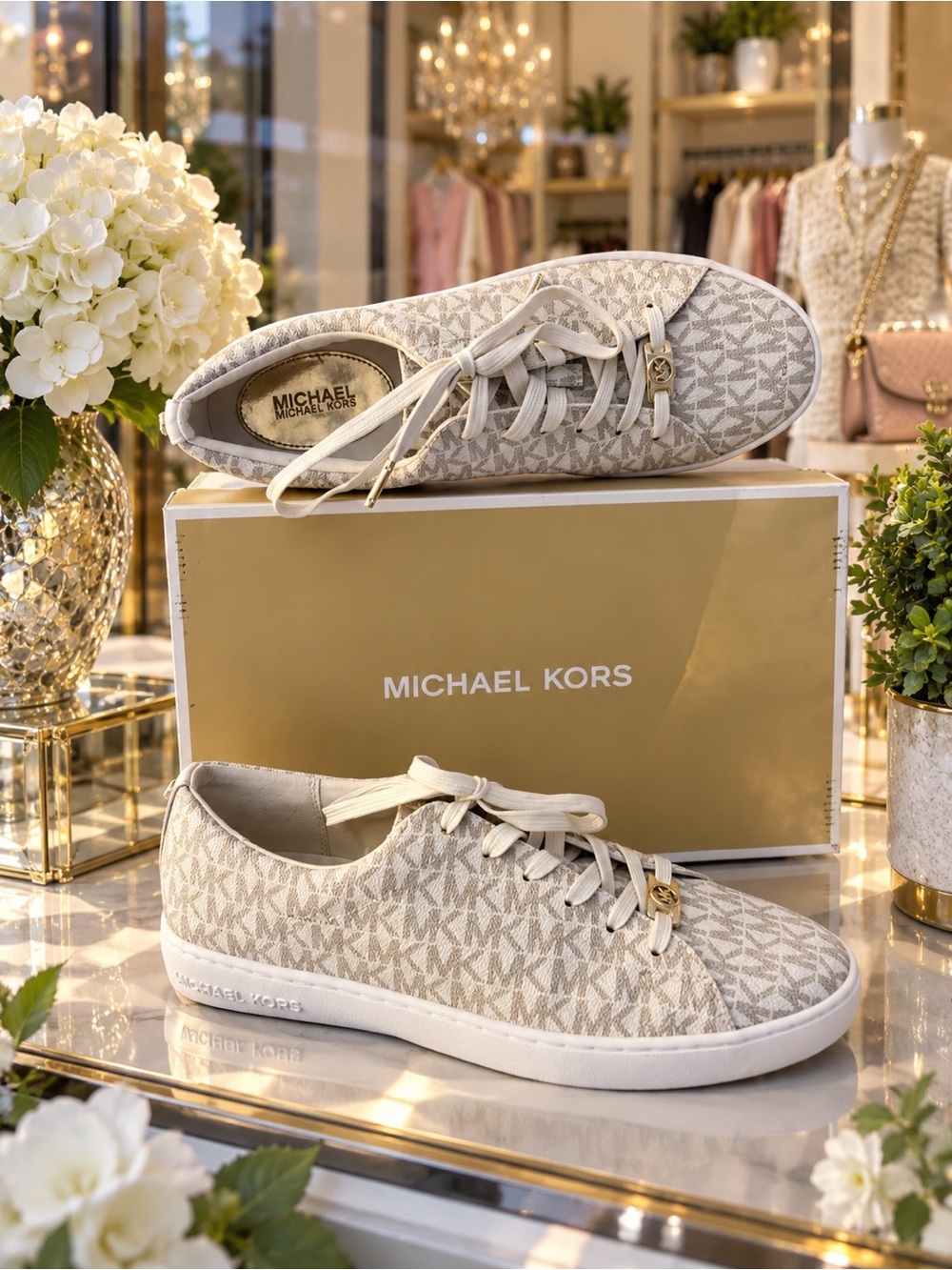 Michael Kors Women's Keaton Vanilla Monogram Lace-Up Sneakers 10M